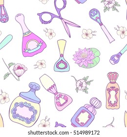 Set of Manicure: scissors, nail file, nail polish, liquid, perfume, lipstick, brush, flowers. Beauty salon set, hand care, nail care. Seamless pattern