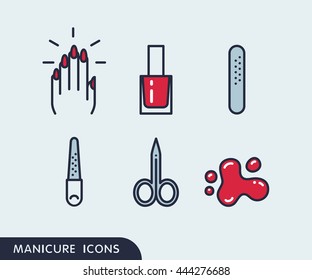 Set Of Manicure Simple Icons. Hand With Painted Nails, Nail Polish In Bottle, Plastic Nailfile, Metal Nailfile, Manicure Scissors, Blots Of Nail Polish. Nail Art