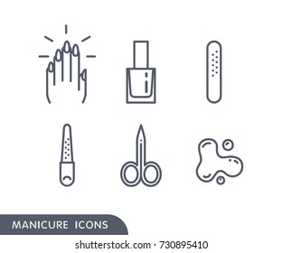 Set of manicure simple icons. Hand with painted nails, nail polish in bottle, plastic nailfile, metal nailfile, manicure scissors, blots of nail polish. Nail art