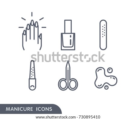 Set of manicure simple icons. Hand with painted nails, nail polish in bottle, plastic nailfile, metal nailfile, manicure scissors, blots of nail polish. Nail art