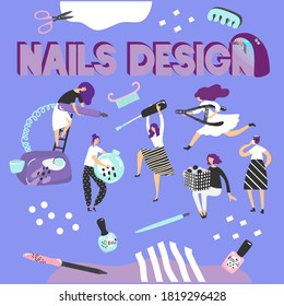 Set with Manicure stuff and process. Vector illustration. Beauty cabinet, parlor. Hand care. Love self. Nails specialist. Girl professional. 