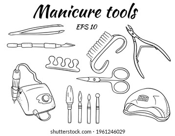 A set of manicure tools. Tools for hardware manicure and pedicure. Apparatus for manicure, cutters, ultraviolet lamp. Illustrations in cartoon style for design and decoration.