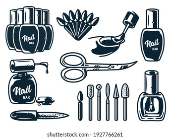 Conjunto de herramientas de manicura para la barra de uñas y el salón de belleza. Elemento para el estudio de uñas de emblema o logotipo del servicio de manicurista