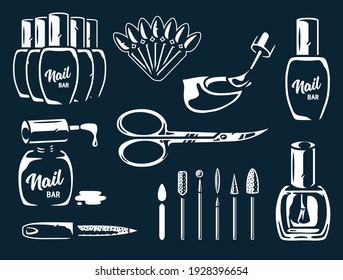 Conjunto de herramientas de manicura para la barra de uñas y el salón de belleza. Elemento para el estudio de uñas de emblema o logotipo del servicio de manicurista