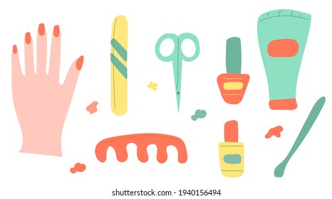 Set of manicure tools - nail polish, scissors, cream and hand. Vector illustration for shop ads, stickers, flyers, banners, etc