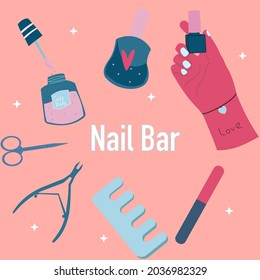 A set of manicure tools, scissors, nail polish, brush, tweezers, female hand with colored nails holding nail polish. Hand-drawn vector set