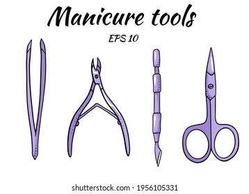 A set of manicure tools. Tools for manicure scissors nippers, tweezers. Illustration in cartoon style for design and decoration.