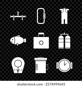 Set Manifold, Carabiner, Wetsuit for scuba diving, Diving hood, Big flashlight diver, watch, Fish and First aid kit icon. Vector