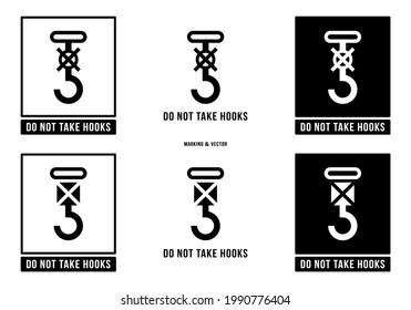 A set of manipulation symbols for packaging cargo products and goods. Marking - Do not use hooks. Vector elements.