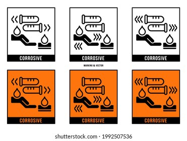 A set of manipulation symbols for packaging cargo products and goods. Marking - Corrosive. Vector elements.