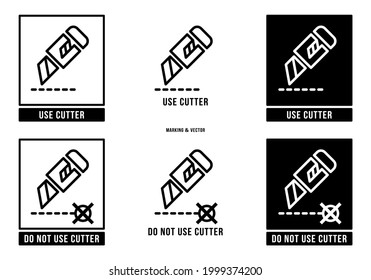 A set of manipulation symbols for packaging cargo products and goods. Marking - Do not use cutter. Marking - Use cutter. Vector elements.