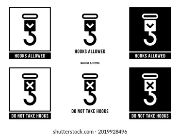 A set of manipulation symbols for packaging cargo products and goods. Marking - Do not use hooks. Marking - Hooks allowed. Vector elements.