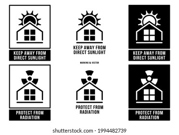 A set of manipulation symbols for packaging products and goods. Marking - Protect from radiation. Marking - Keep away from direct sunlight. Vector elements.