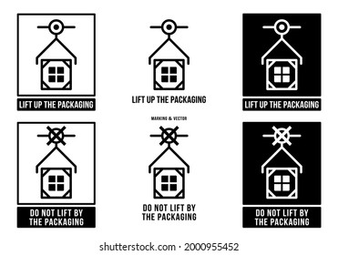 A set of manipulation symbols for packaging products and goods. Marking - Lifti up the packaging! Marking - Do not lift by the packaging! Vector elements.