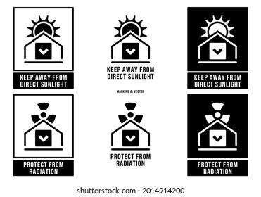 Un conjunto de símbolos de manipulación para los productos de envasado y las mercancías. Marcado - Proteger de la radiación. Marcado - Manténgase alejado de la luz solar directa. Elementos vectores.
