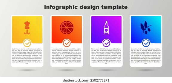 Set Mannequin, Pizza, Bottle of olive oil and Olives branch. Business infographic template. Vector