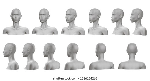 Set with mannequin presented on all sides. 3D. Isolated set with a mannequin with a bust and head. The dummy view rotates from the front side to the back side. Vector illustration.