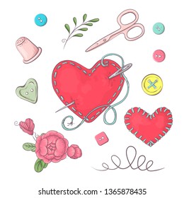 Set of mannequin sewing accessories. Hand drawing. Vector illustration