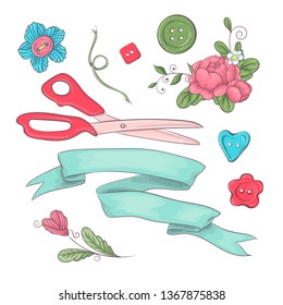 Set of mannequin sewing accessories. Hand drawing. Vector illustration