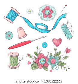 Set of mannequin sewing accessories. Hand drawing. Vector illustration