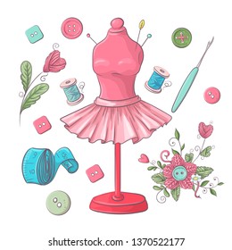 Set of mannequin sewing accessories. Hand drawing. Vector illustration