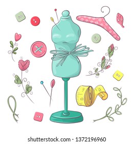 Set of mannequin sewing accessories. Hand drawing. Vector illustration