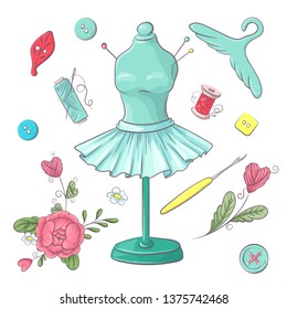 Set of mannequin sewing accessories. Hand drawing. Vector illustration