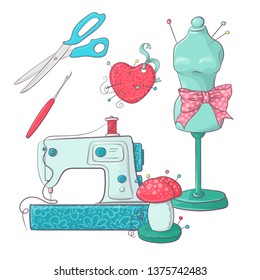 Set of mannequin sewing accessories. Hand drawing. Vector illustration