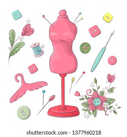 Set of mannequin sewing accessories. Hand drawing. Vector illustration