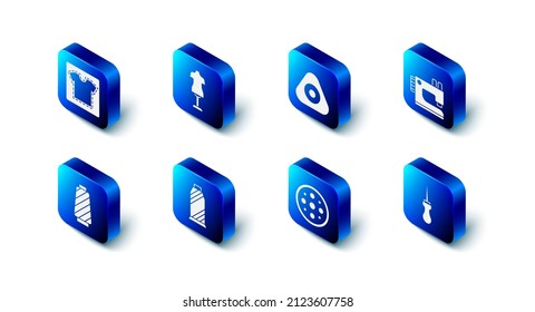 Set Mannequin, Sewing chalk, machine, Awl tool, button, thread spool,  and pattern icon. Vector