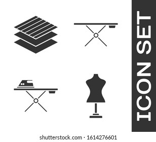 Set Mannequin, Textile fabric roll, Electric iron and ironing board and Ironing board icon. Vector