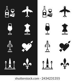 Set Mannequin, Wine glass, bottle with cheese, Plane, Street light, Amour heart and arrow, Fleur De Lys and Place La Concorde icon. Vector