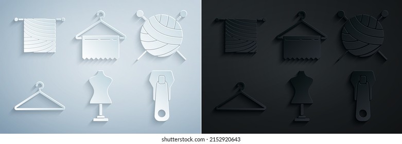 Set Mannequin, Yarn ball with knitting needles, Hanger wardrobe, Zipper,  and Knitting icon. Vector