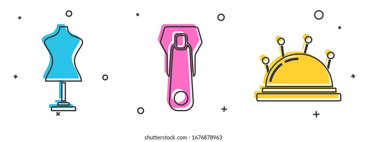 Set Mannequin, Zipper and Needle bed and needles icon. Vector