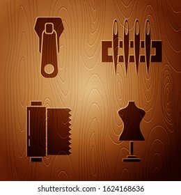 Set Mannequin, Zipper, Textile fabric roll and Needle for sewing on wooden background. Vector