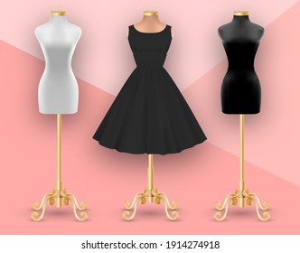 Set of mannequins. Black womens dress mockup on beige mannequin. Clothes realistic 3d mock up. Vector illustration