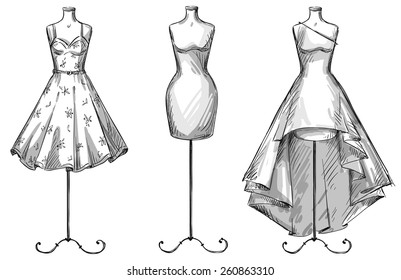 Set of mannequins. Dummies with dresses. Fashion illustration. 