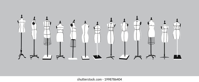 Set of mannequins model for clothes on stands. Illustration for atelier, wardrobe, seamstresses, clothing and dress designers, individual tailoring. 