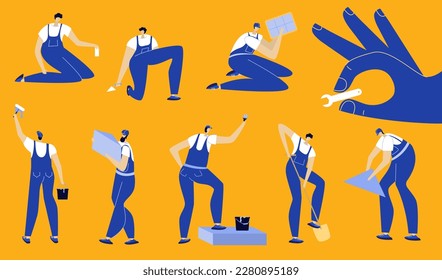 The set with mans, builders, engineers in jumpsuit and helmet. They strong man to do hard work. Good for print poster, social networks, websites and UI UX design mobile apps. 