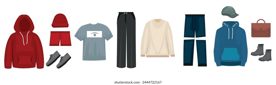 Set of man's clothes and accessories on white background