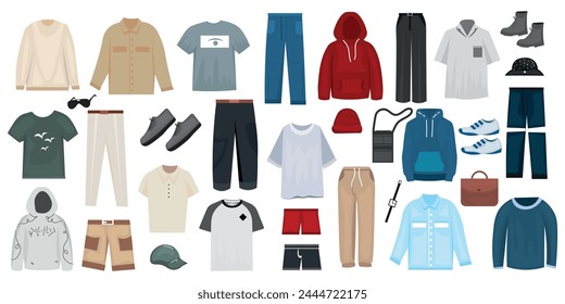 Set of man's clothes and accessories on white background