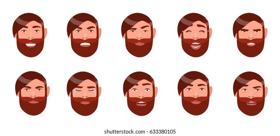 Set of man's emotions. Bearded guy face. Cartoon character with different facial expression collection. Colorful vector illustration in flat style.