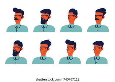 Set of man's emotions. Facial expression. Creative man avatar. Vector illustration.