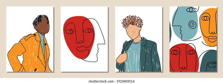 Set of Man's Face with line art faces, minimalist collage abstract contemporary fashion in a modern trendy colors.