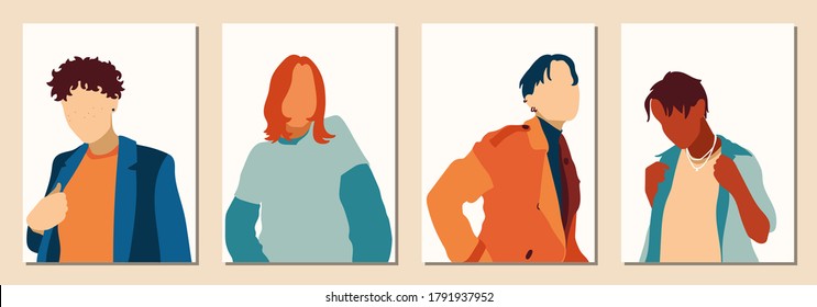 Set of Man's Face minimalist collage abstract contemporary fashion in a modern trendy colors, vector illustration