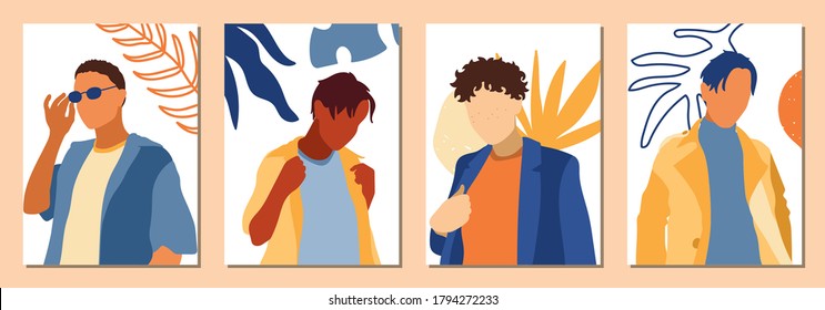 Set of Man's Face minimalist collage abstract contemporary fashion in a modern trendy colors, vector illustration