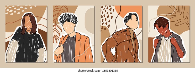 Set of Man's Face minimalist collage abstract contemporary fashion in a modern trendy colors.