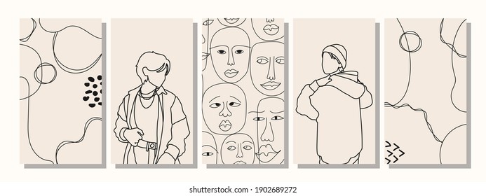 Set of Man's Face minimalist collage abstract contemporary fashion in a modern trendy colors.