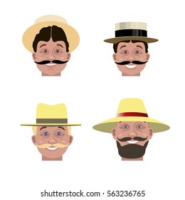 Set of man's heads in different hats. Vector illustration