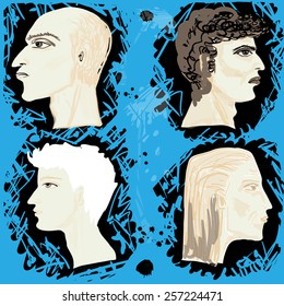 Set of man's profiles.Set from four man's profiles. Square vector illustration.